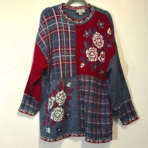 Vintage Bugle Boy Rose and Plaid Tunic Sweater size 2X